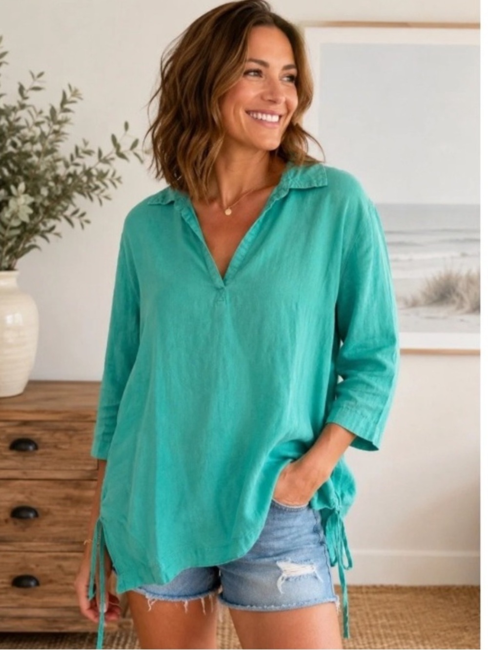 Isaac Mizrahi NY Linen V-Neck Top Teal Side-Tie Size Small